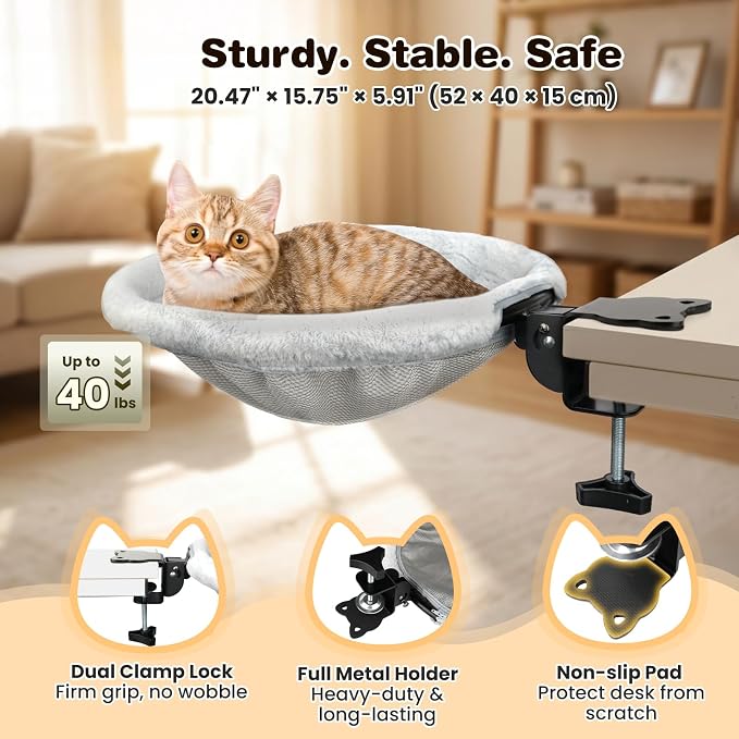 Cat Desk Bed,Cat Desk Hammock with Foldable Clip-On, Light Gray | Reversible Double-Sided Mat&No-Drill Sturdy Metal Cats Perch,Supports 40 lbs,Space-Saving Cats Furniture for Home Office Game