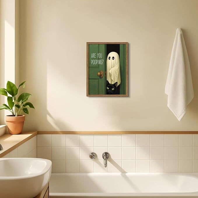 Funny Ghost Cat Halloween Bathroom Wall Art, Cute Ghost Bathroom Halloween Wall Decor Are You Pooping Picture, Vintage Framed Canvas Prints Funny Artwork for Restroom 12x16in Wood Frame