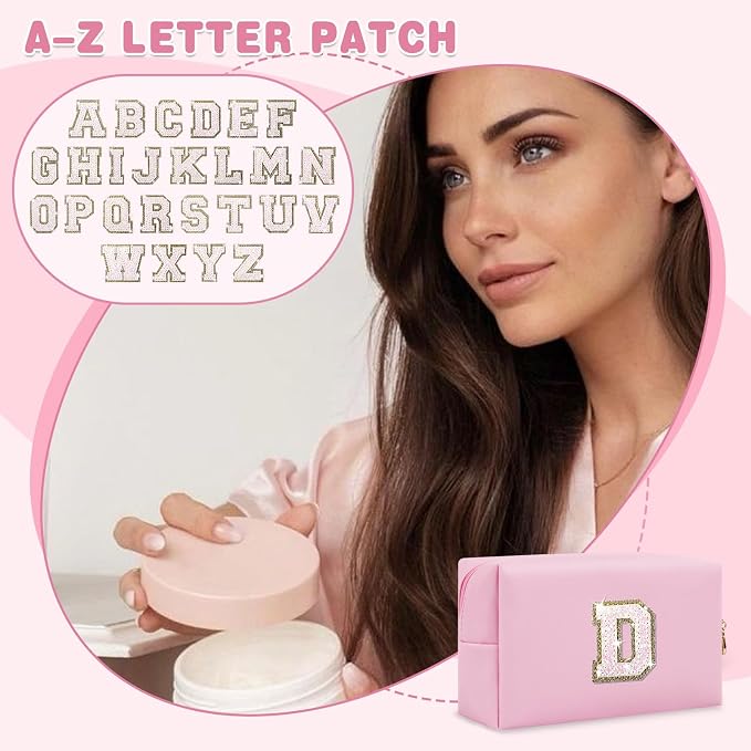 Small Personalized Initial A-Z Patch Makeup Bag,Pink Cute PU Leather Glitter Letter Cosmetic Bag for Teen Girls,Travel Toiletry Bag with Zipper,Preppy Monogrammed Birthday Gift for Daughter Niece D
