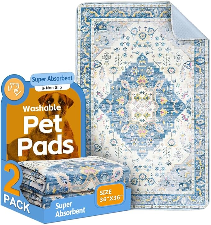 Washable Pee Pads for Dogs, 2 Pack Reusable Puppy Training Pads 36"x36" Super Absorbent Waterproof Dog Training Pads, Non-Slip Potty Pads, Whelping Pads Litter Mat Blue Medallion