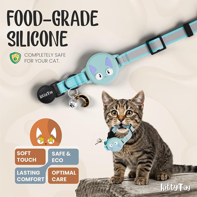 AirTag Cat Collar – Breakaway Reflective & Waterproof Collar with Built-in Holder, Adjustable with Bell for Indoor/Outdoor Cats – AirTag Not Included, Turquoise (9-12")