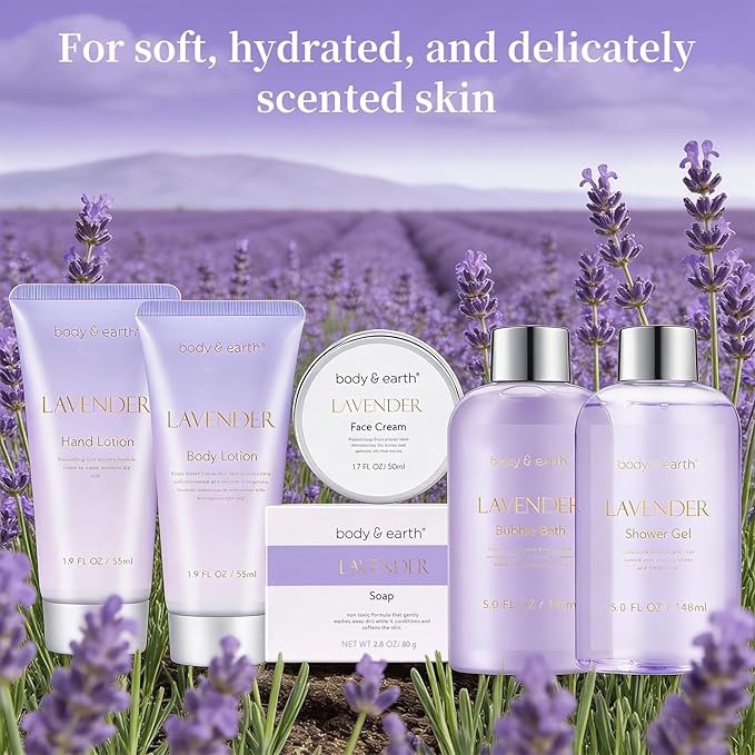 BODY & EARTH Bath and Body Gift Set - 6 Pcs Lavender Bath Kit for Women Spa Set, Birthday, Mother's Day Gift Set for Women Includes Bubble Bath, Shower Gel, Body Lotion