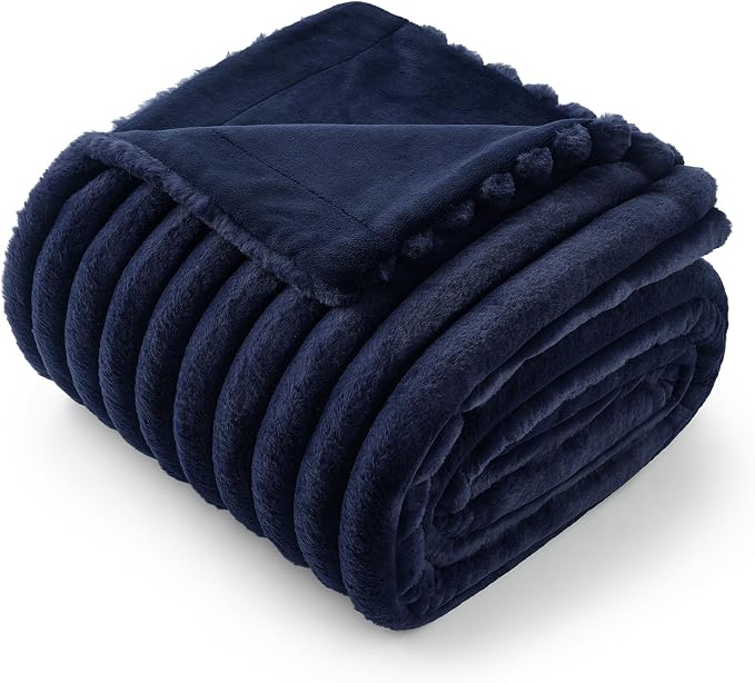 Faux Fur Throw Blanket for Couch, Cozy Fuzzy Fluffy Fur Luxurious Soft Striped Plush Gift Blankets for Family Sofa Chair Bedroom, 55"x70", Navy Blue