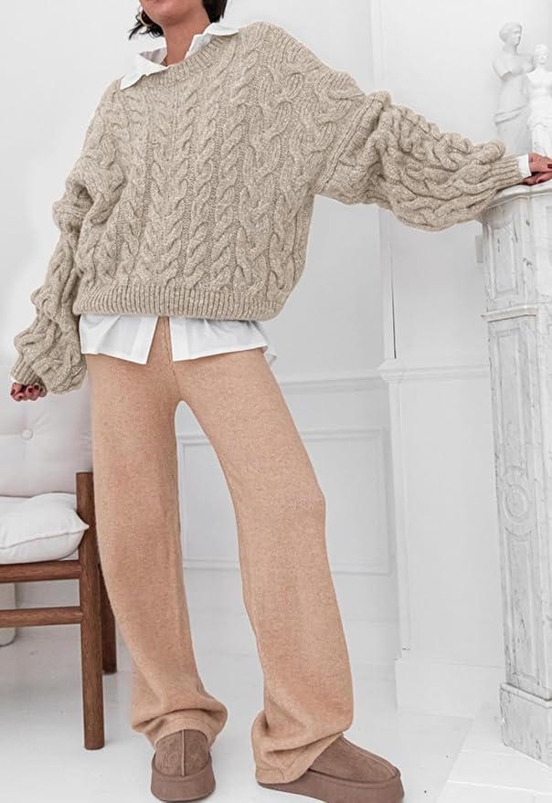 PRETTYGARDEN Womens Sweaters Spring 2026 Cable Knit Long Sleeve Crewneck Oversized Sweater Chunky Pullover Loose Outfits