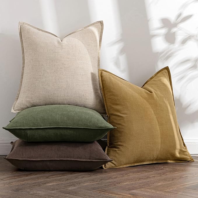 MIULEE Neutral Green/Brown Boho Linen Pillow Covers 18x18 Inch Pack of 4 | Natural Decorative Throw Pillow Covers, Soft Farmhouse Couch Pillowcases, Decors for Living Room Bed Sofa