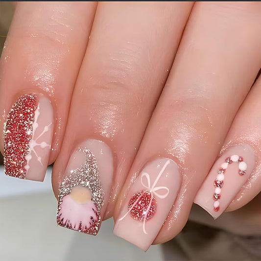 Christmas Glitter Gnome Press on Nails Medium Winter Xmas False Nails Glossy Square Acrylic Glue on Nails Full Cover Christmas Fake Nails for Women Girls