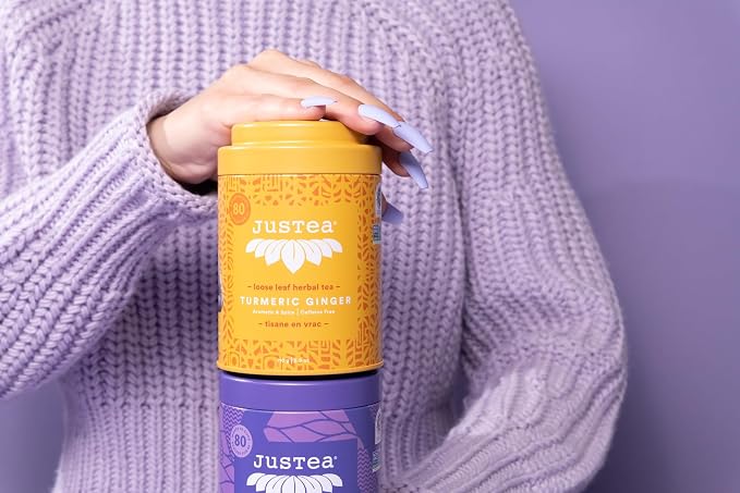 JusTea TURMERIC GINGER | Loose Leaf Herbal Tea | Tin with Hand Carved Tea Spoon | 40+ Cups (3.9oz) | Caffeine Free | Award-Winning | Fair Trade | Non-GMO