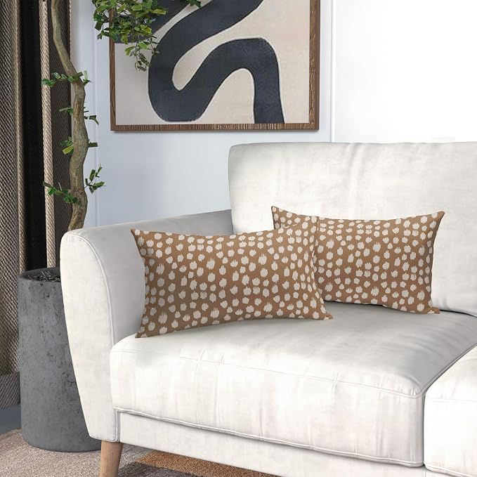 Sweetshow Brown Cream Dots Lumbar Pillow Covers 12x20 Set of 2 Boho Design Polka Dot Print Throw Pillows Modern Outdoor Decorative Pillowcase Rectangle Linen Cushion Cases Decor for Sofa Couch Bed
