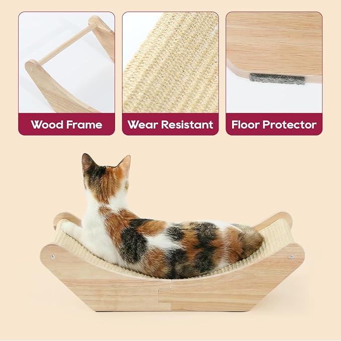 Zakkart Cat Sisal Scratching Bed Hammock, 2-in-1 Cat Scratcher & Lounging Bed, 100% Natural Sisal Mat, Solid Wood Frame, Cat Furniture Protector (Medium, Natural Color)