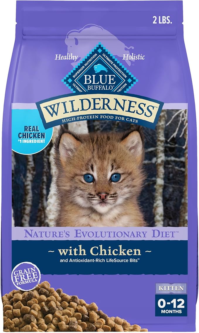 Blue Buffalo Wilderness Chicken Kitten Dry Cat Food, Grain-Free, 2 lb | High Protein, Real Chicken #1 Ingredient, DHA & ARA for Brain and Eye Development, Antioxidant-Rich LifeSource Bits