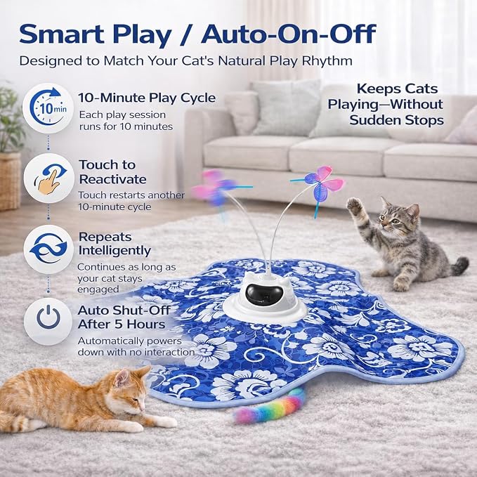 Interactive Cat Toy for Indoor Cats, Rechargeable 3-in-1 Hide and Seek Cat Toy with Spinning Butterfly & Plush Tail, Ultra-Quiet Touch Activated Self Play Cat Exercise Toy for Adult Kittens (Teal)