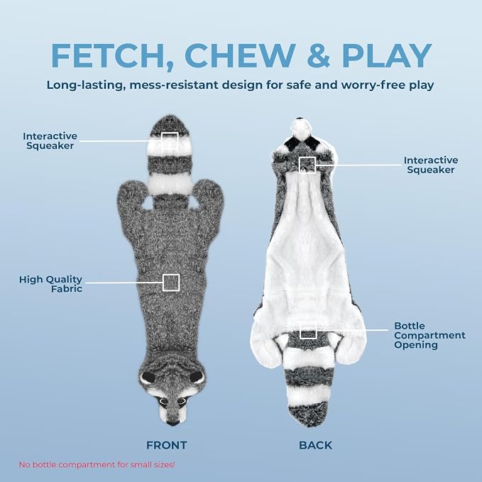 Best Pet Supplies 2-in-1 Stuffless Squeaky Dog Toy - Raccoon, Medium | No-Stuffing, 2 built-in squeakers, No Mess, Soft, Holds a Plastic Bottle for Added play, Perfect for Moderate chewers