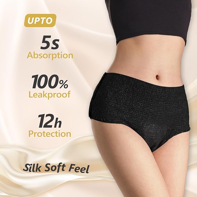 MOLLIS Disposable Period Underwear for Women, Postpartum Panties, Maternity Knickers Heavy Flow Leak Proof, Unscented, Black, Small/Medium, 8 Count