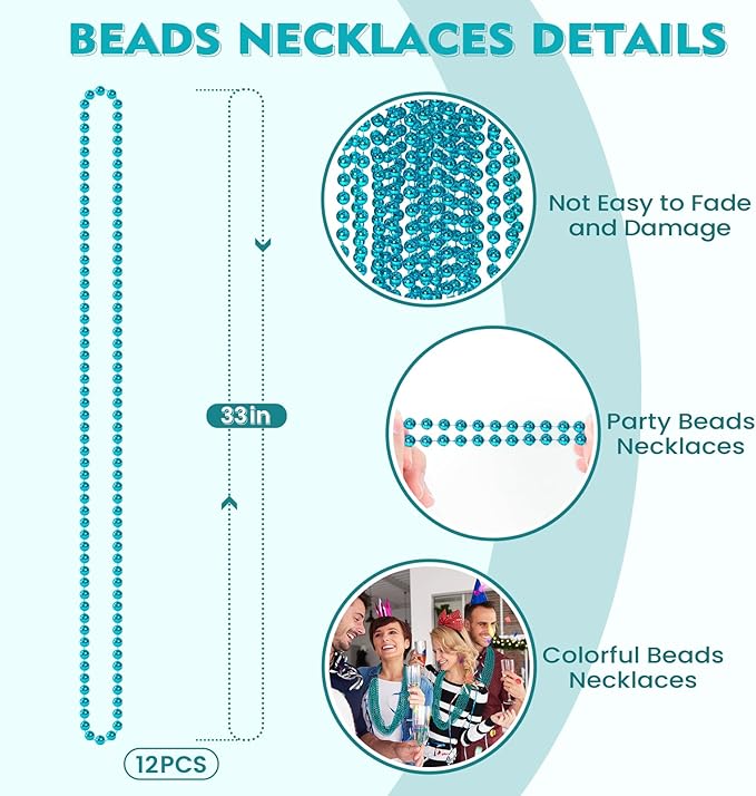 SHAOQINLIN 12 PCS Teal Bead Necklace, Teal Mardi Gras Beads Turquoise Party Beads Necklace Bulk Round Beaded Necklaces for Mardi Gras, Christmas, School Spirit Day Party Favors