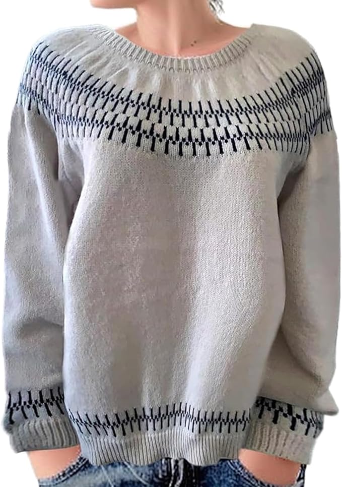 Zhyaj Fair Isle Sweater for Womens Winter Long Sleeve Vintage Knitted Sweater Casual Fall Crew Neck Pullover Sweaters