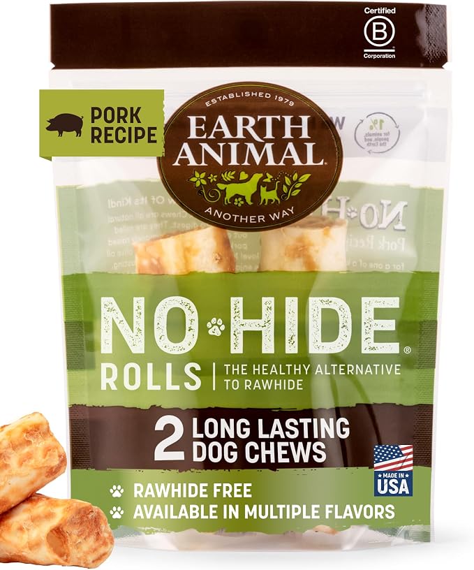 Earth Animal No Hide Dog Chews - Rawhide Free Small Rolls 2 Count Pork | Small Rolls Pork Flavored Natural Rawhide Free Long Lasting Dog Chews - Pet Treats for Small Dogs