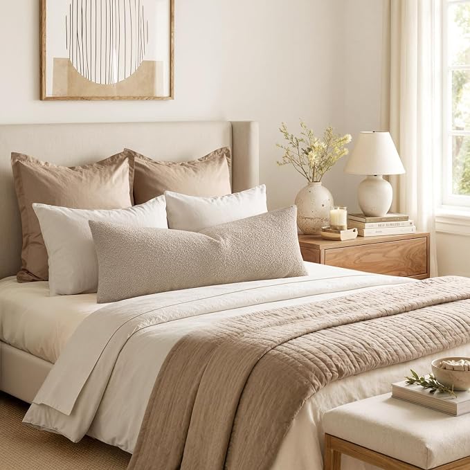 MIULEE Textured Boucle Lumbar Pillow Cover for Bed 14x36 Neutral | Pack of 1 Textured Neutral Couch Throw Pillow Cover, Accent Solid Long Body Pillowcase, Sofa Living Room Home Decor