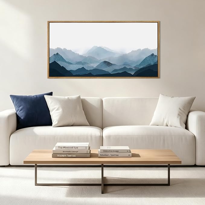 Blue Framed Mountain Landscape Wall Art Fog Mountain Painting Wall Decor for Bedroom Living Room Office Decor 20x40 Inch