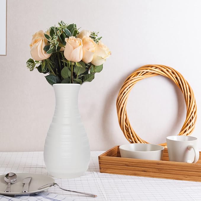 2 Pack Composite Plastics Flower Vase, Unbreakable Ceramic Look Vase for Home Decor Centerpieces, Arranging Bouquets (White)