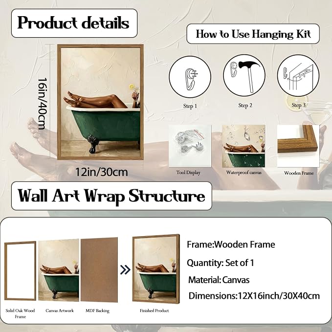Black Woman Green Bathtub Wall Art Modern Luxury Bathroom Wall Decor Painting, Vintage Afrocentric Girl Bathroom Poster Canvas Print Picture 12x16 inch Wood Framed