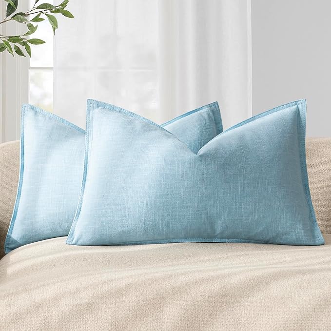 Foindtower Pack of 2, Decorative Linen Solid Throw Pillow Covers Accent Lumbar Cushion Case Boho Farmhouse Pillowcase for Chair Couch Sofa Bedroom Living Room Home Decor 12 x 20 Inch Light Blue