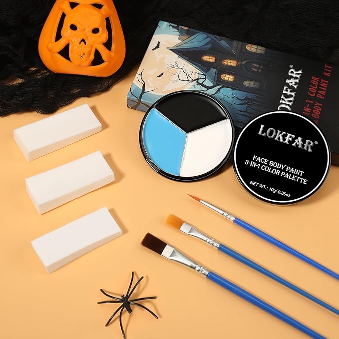 Black White Light Blue Face & Body Paint - Blendable Facepaint Foundation with Sponge & Brush for Skin, Professional Halloween Face Make-up Kit for Sally Face Avatar Smurf Corpse Bride Pale Costume
