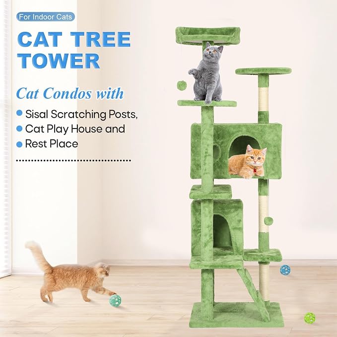 FDW | 70" Cat Tree Tower | Green | Multi-Level Indoor Activity Center with Sisal Scratching Posts, Condos, Plush Perches, Hanging Cat Toys | Sturdy, Easy to Assemble | for Kittens & Adult Cats