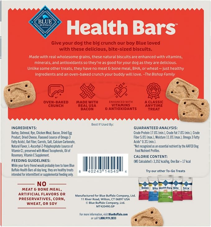 Blue Buffalo Health Bars Bacon Egg & Cheese Mini Dog Biscuits, 12 ct | Oven-Baked, Crunchy Texture, No Chicken By-Product, Corn, Wheat, or Soy