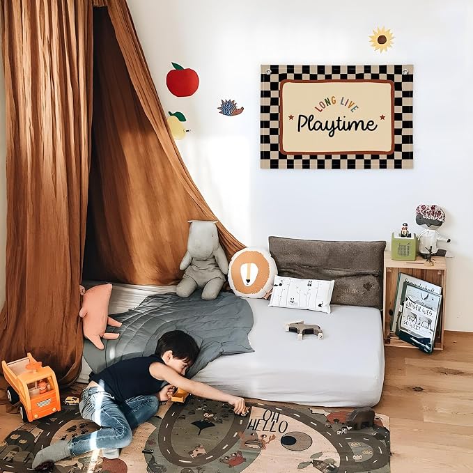 XYDEG Playroom Wall Decor, Black and White Checkered Toddler Playroom Decor Hanging Linen Banner,Play Room Wall Art for Nursery Kids Boy Girl Room Bedroom, 30x20 Inch