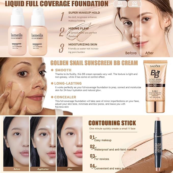 All in One Makeup Kit for Women Full Kit, Travel Makeup Gift Set for Women Teens Girls, Includes Eyeshadow Foundation Primer BB Lipstick Eyeliner Mascara Contour Brow Soap Powder Lip Mask Brush Sponge