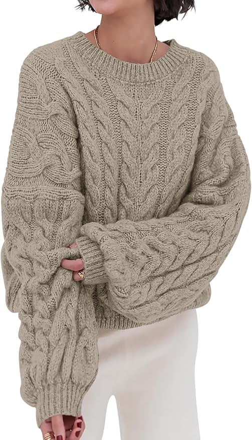 PRETTYGARDEN Womens Sweaters Spring 2026 Cable Knit Long Sleeve Crewneck Oversized Sweater Chunky Pullover Loose Outfits