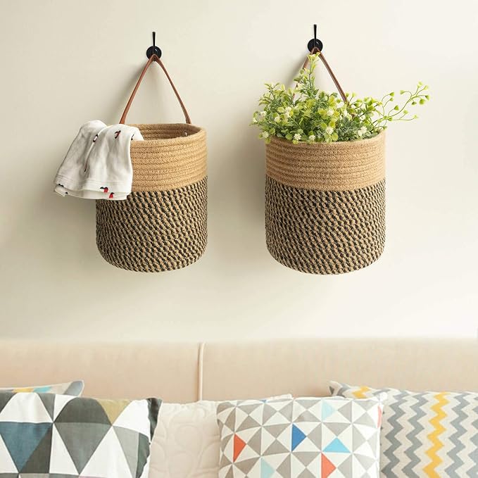 Goodpick 2 Pack Jute Rope Wall Hanging Storage Baskets for Home Decor | Boho Woven Hanging Plant Basket Decor, Decorative Basket for Home, Size 7.87×7×11.7 Inches for Wall Flower & Home Storage