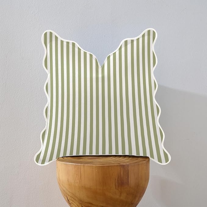 Scalloped Throw Pillow Covers | Decorative Couch Pillows | Cute Stripe Pillow Cases | Boho Sytle for Living Room (Green & White, 18x18 Inch)