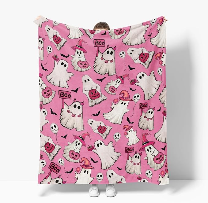Horaldaily Halloween Pink Ghost Pumpkin Skulls Flannel Throw Blanket 50x60 | All Season Using Ultra Soft Fuzzy Plush Cozy Non-shedding Blanket for Couch Sofa Bed Camping, Ideal Gift for Kids Adults