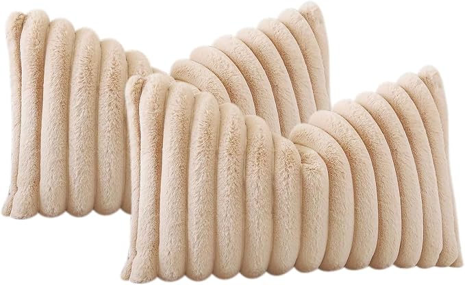 Soleebee Set of 2 Throw Pillow Covers Soft Cozy Velvet Pillowcase Faux Rabbit Fur Cover for Couch Sofa Bed Chair Home Decorative Pillows Cover (12x20 Inch, Camel)