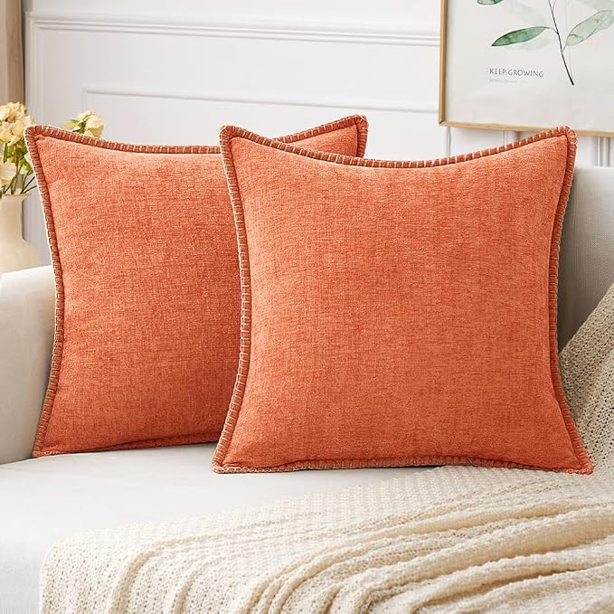 MIULEE Decorative Couch Throw Pillow Covers 18x18 Inch Coral Red 2 Pack | Farmhouse Pillow Covers with Stitched Edge, Soft Chenille Cushion Cases, for Sofa Bed Living Room Home Decor