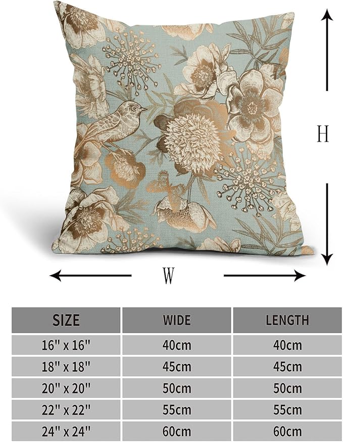 Vintage Floral Pillow Covers 16X16 Inch Set of 2 Rose Gold Flowers Bird Butterfly Decorative Pillow Cases Blue Brown Cotton Linen Cushion Case Farmhouse Home Decor for Sofa Couch Living Room