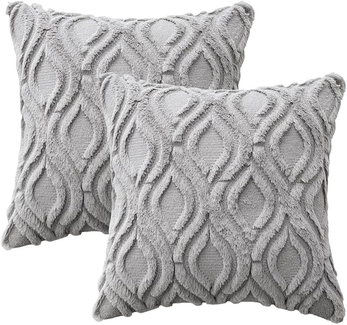 MIULEE Light Grey Soft Plush Faux Wool Throw Pillow Covers 18x18 | Set of 2, Farmhouse Boho Home Decor, Decorative Cushion Covers for Sofa, Living Room, Bed