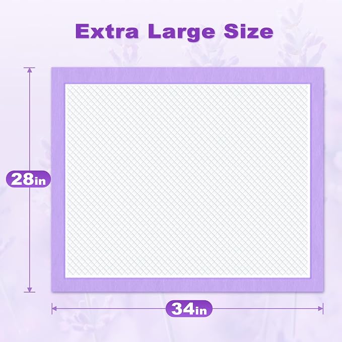 MIZOK Dog Pee Pads Wee Wee Pads Lavender Odor Control X-Large 28x34in 40Ct | Purple Doggy Pads with Sticky Adhesive Tabs Bring Soothing Comfort to Your Home for Medium to Large Breed Puppies