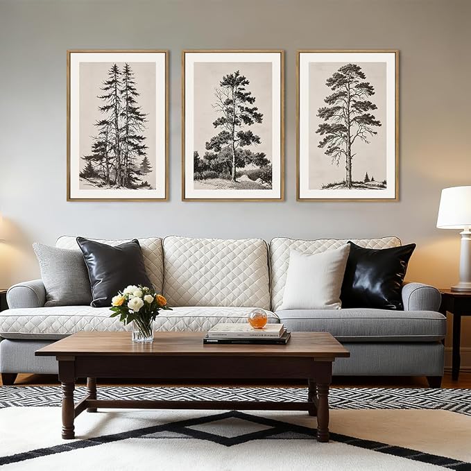 ANHUIB Vintage Tree Sketch Framed Canvas Wall Art 16x24 Inch Neutral Wilderness Forest Paintings Retro Botanical Wall Decor Set of 3 Black and White Landscape Prints for Living Room Bedroom Office