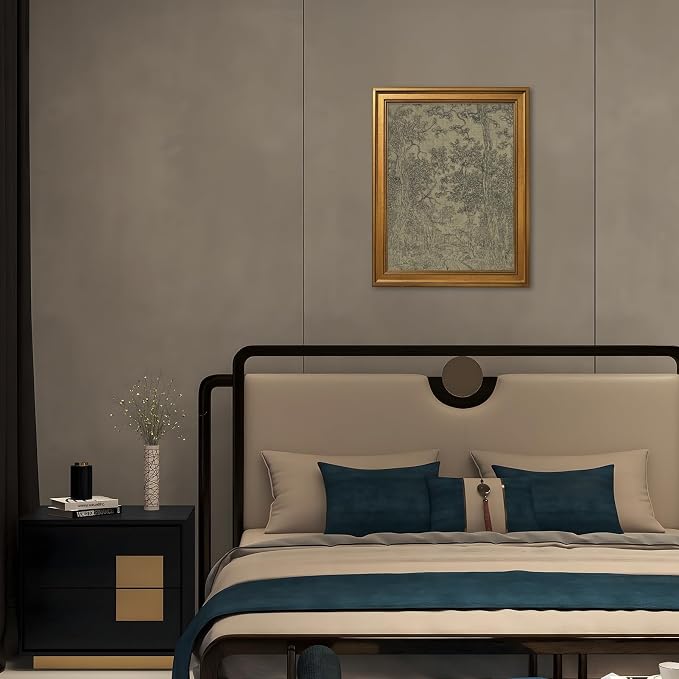 Gold Framed Antique Textile Landscape Sketch Wall Art Painting Moody Vintage Drawing Print Rustic Old-World Picture Poster Neutral Canvas Artwork for Living Room Study Entryway Home Decor 16x24inch