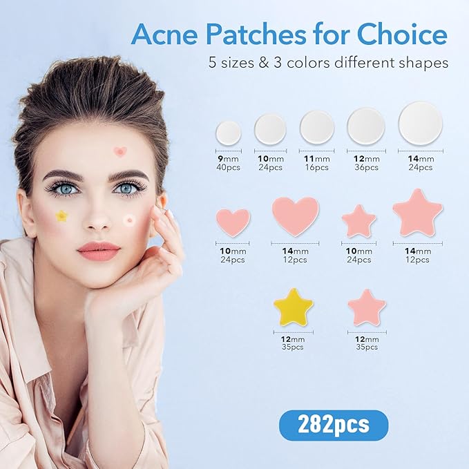 Pimple Patches for Face, Acne Patches Hydrocolloid, Cute Star Zit Covers for Face, Spot Stickers with Tea Tree, Salicylic Acid & Cica Oil| Round,Star,Peach Shapes| 5 Sizes| 282 Count