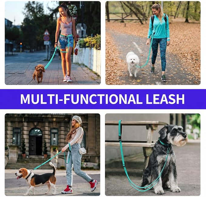 Kazazoo Hands-Free Dog Leash Adjustable Length 5-8 Ft,Crossbody & Waist for Dog Walking, Running for Small Dogs with Reflective Strips, Ballistic Nylon, Waist Belt, Lightweight Green