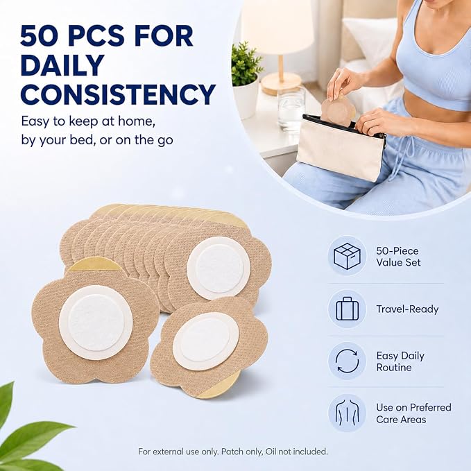 50PCS Castor Oil Patches, 3.15" Large Disposable Castor Oil Pack Wrap for Belly Button, No-Wash Self-Adhesive Oil Patches with Cotton Center Pad, Breathable & Travel-Friendly, Oil Not Included