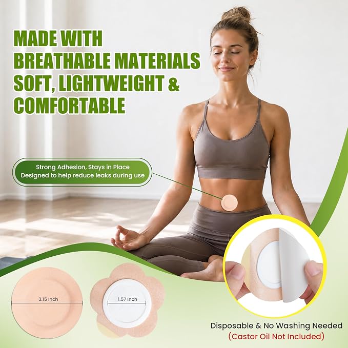 Castor Oil Patches for Belly Button, 50 Pack Disposable Self-Adhesive Patches with Cotton Pads, Leak-Resistant & Breathable Design, Portable, No Washing Needed (Beige)