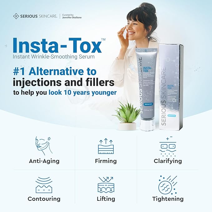 Serious Skincare INSTA-TOX Instant Wrinkle Filler for Face Serum, to Smooth + Blur Fine Lines, Deep Wrinkles, Lip Lines, Crow’s Feet & Pores, Temporary Face Tightener, .75 oz (Pack of 2)