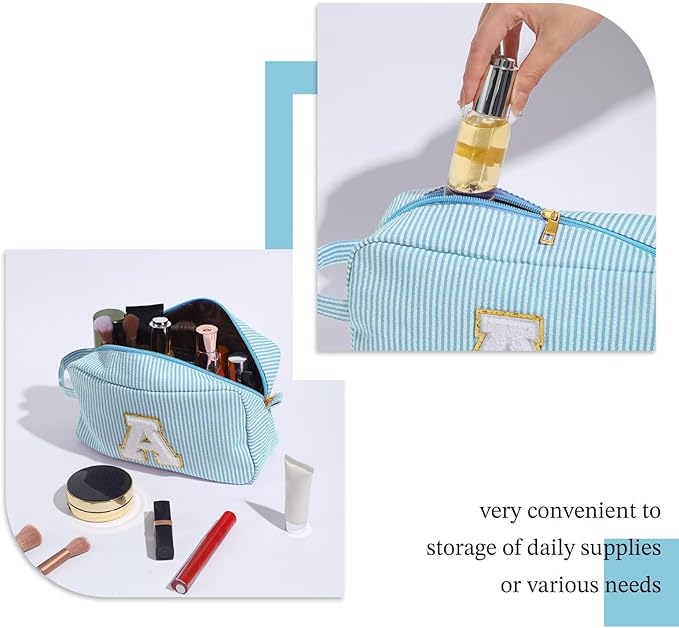 YOOLIFE Travel Makeup Bag for Women - Personalized Monogram Initial Blue Makeup Bags Cosmetic Toiletry Bag Pouch Make Up Case for Women Mom Her Best Friend Female Teacher, Birthday Gifts for Women W