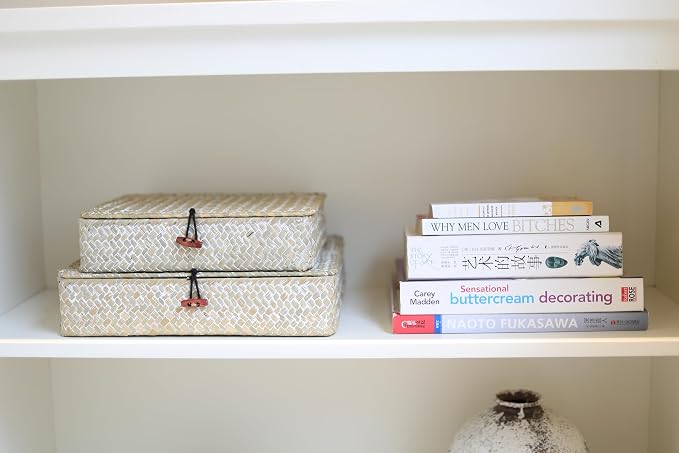 Whitewash Flat Seagrass Storage Bins with Lid, Wicker Basket for Shelf Organize, Set of 2 (Small+Large)