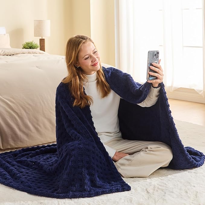 NEWCOSPLAY 3D Waffle Checkered Flannel Queen Blanket, Dark Navy, 90"x90" | Super Soft Cute Lightweight Decorative Premium Silky Fleece Blanket for Couch Sofa Bed, Gift for Women Men, All Season Use