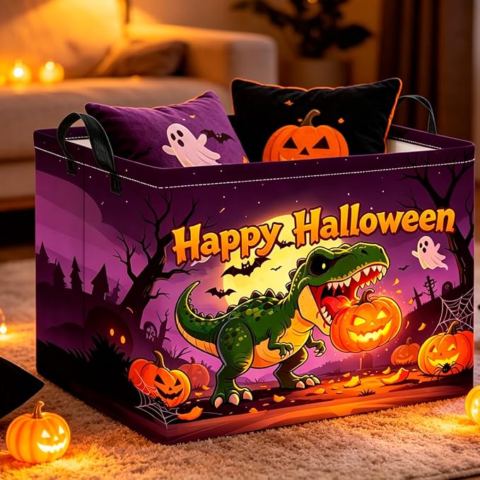 CLOCOR Rectangular Storage Basket Empty,Gift Basket,Waterproof Storage Bin with Handles,Room Decor(Dinosaur Pumpkin Halloween)
